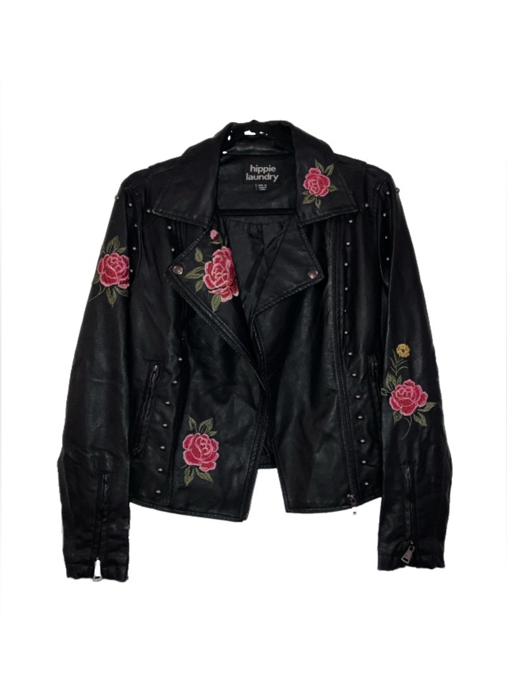 Hippie Laundry M Rose Embroider Studded Faux Leather Motorcycle Jacket Goth Punk